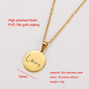 Collier en acier inoxydable plaqué or 18k avec pendentif rond Love de 15mm