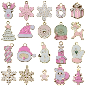 Pink and white Christmas alloy charms featuring Santa, snowflakes and trees for DIY jewelry