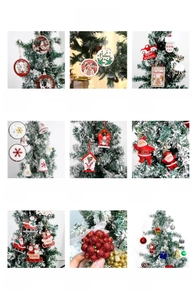 Detailed collection of festive Christmas ornaments including wooden frames and glitter balls