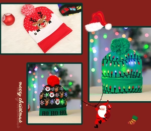 Detail of Christmas LED beanie with reindeer and Santa patterns on cozy knit fabric