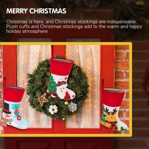Detailed view of plush Santa, Snowman, and Reindeer Christmas stockings with red cuffs