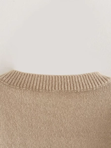 Detailed macro view of the oatmeal knit sweater ribbed neckline and fine texture