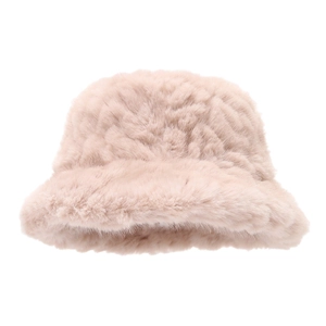 Plush faux fur bucket hat in light pink for winter warmth with a soft fuzzy texture