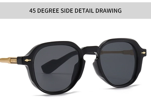 Detail of 45 degree side view of retro narrow black frame sunglasses with gold metal hinges