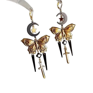 Vintage crescent moon and golden butterfly drop earrings with sword charms for women