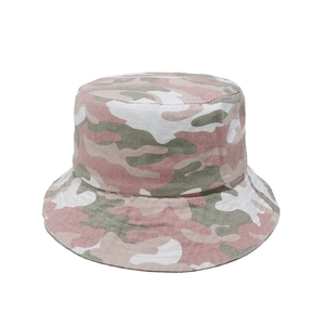 Close-up of pink camo bucket hat showing durable canvas texture and reinforced brim stitching