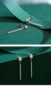 Close-up of S925 sterling silver tassel earrings with micro-pave crystals in detail