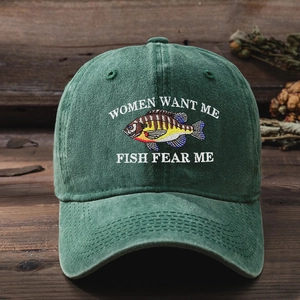Vintage washed green baseball cap featuring Women Want Me Fish Fear Me embroidery