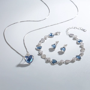 S925 sterling silver heart jewelry set with blue Austrian crystals for women
