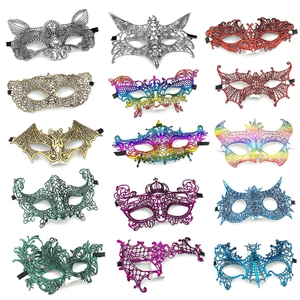 Macro view of fifteen assorted glitter lace masquerade masks in various vibrant metallic colors
