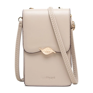 Detail of beige PU leather crossbody phone bag with gold leaf clasp and braided strap