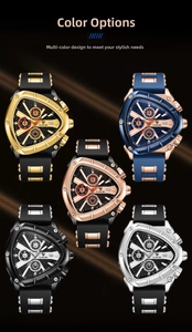 Close-up of triangle sports watch dials showing chronograph and calendar details
