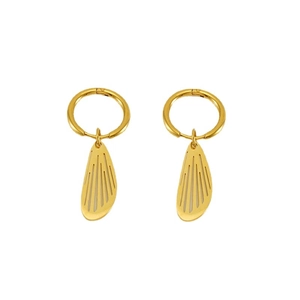 Polished gold stainless steel hoop earrings with hollow wing pendants for women