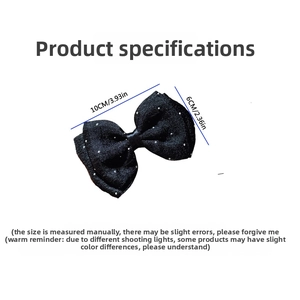 Detail showing 10x6cm black mesh bow hair clip with white pearls and size annotations
