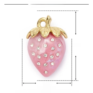 Detailed specs of pink resin strawberry pendant with stainless steel leaves and rhinestones