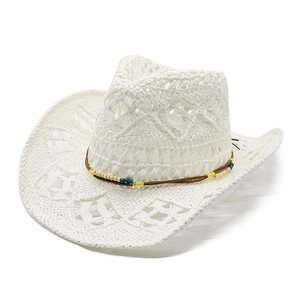 White woven hollow out crochet cowboy hat with decorative bohemian colored beads