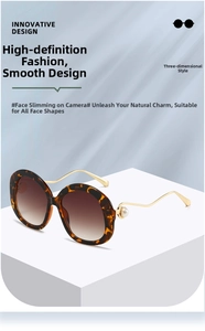 Detail of round tortoiseshell sunglasses with gold wave temples and pearl accents