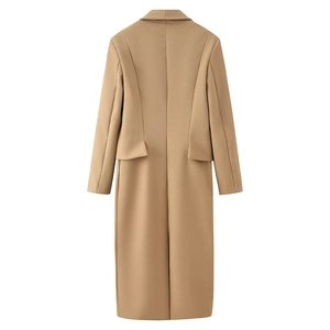 Back view of a camel wool coat with structural stitching and a slim-fit silhouette