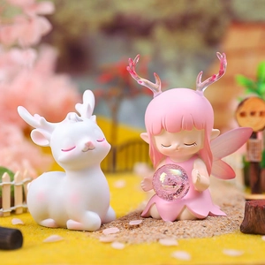 Cute resin deer and fairy figurines set with a transparent sphere for desk decoration
