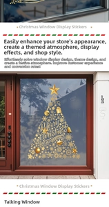 Detail of golden Christmas tree window sticker with snowflakes and Merry Christmas text