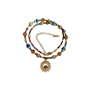 Bohemian stainless steel beaded necklace with golden sun pendant and natural stone
