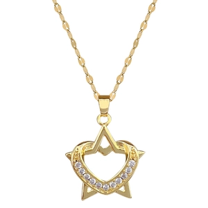 Elegant gold heart and star pendant necklace with sparkling cubic zirconia on white background