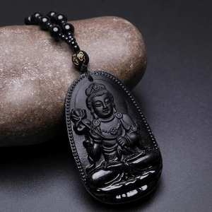 Natural Black Obsidian Buddha Pendant Necklace Carved Zodiac Guardian Amulet Spiritual Jewelry For Luck Protection