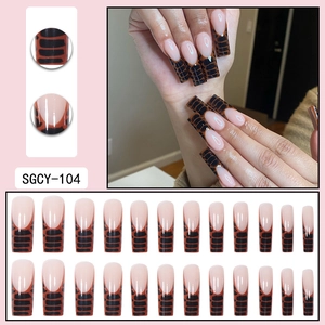 Brown crocodile print French press on nails in long coffin shape with nude拼接 accents
