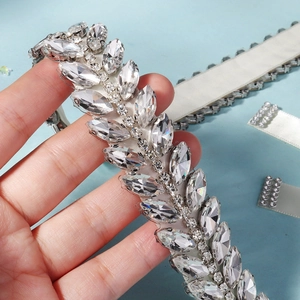 Exquisite bridal belt with double-row marquise rhinestones on a white ribbon