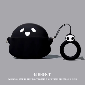 Detail of black silicone ghost case for AirPods with skull lanyard and metal ring hook
