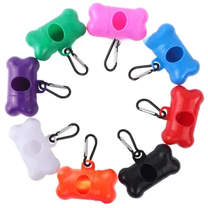 Eight colorful bone-shaped pet waste bag dispensers with metal carabiner clips