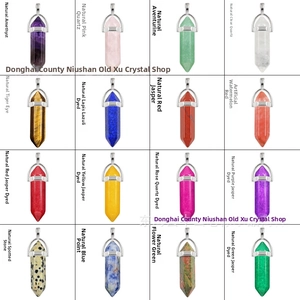 Detailed catalog of 16 hexagonal crystal point pendants in various natural stones