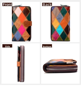 Vue multi-angle d'un portefeuille en cuir véritable patchwork avec motif losange et zip