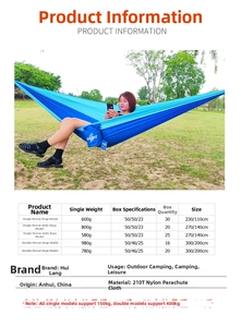 Detail view of lightweight 210T nylon parachute hammock with specific size specifications