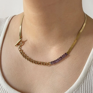 Gold stainless steel toggle necklace with mixed snake chains and purple zircon stones