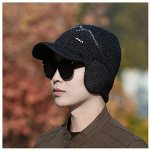 Close-up of men's winter knit hat featuring ear protection and branded side label detail