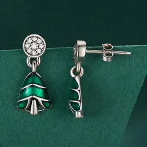 S925 sterling silver Christmas tree earrings with green enamel and white zircon stones
