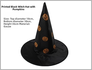 Detail view of black gauze witch hat with orange pumpkin print and size dimensions