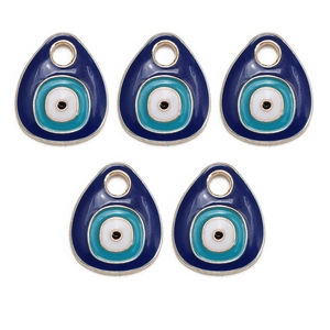 Set of five gold-plated evil eye teardrop pendants with blue and white enamel inlay