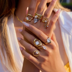 18K gold plated stainless steel layered ring set with clear cubic zirconia on hands