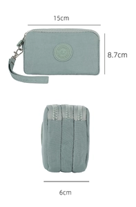 Detailed view of grey-green nylon phone pouch with triple zippers and 15cm size marking