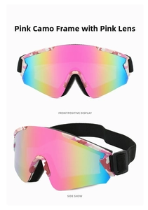 Detailed front and side view of pink camo ski goggles with colorful reflective lens