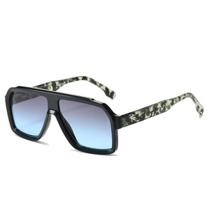 Fashionable square frame sunglasses with camo temples and blue gradient lenses