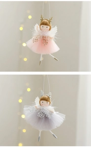 Pink and grey plush Christmas angel tree ornaments with mesh skirts and glitter wings