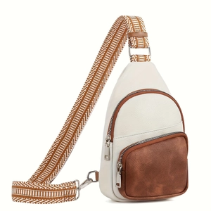 Women's two-tone PU leather chest bag with a geometric pattern woven shoulder strap