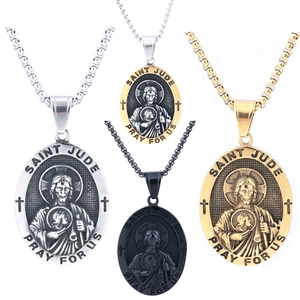 Religious Saint Jude Pendant Necklace Stainless Steel Medallion Relief Pray For Us Jewelry For Men Women Vintage Style