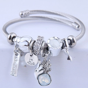 Silver stainless steel beaded bracelet with angel wings swan charms and Paris logo