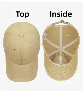 Detail of khaki cotton baseball cap showing embroidered lettering and adjustable inner lining