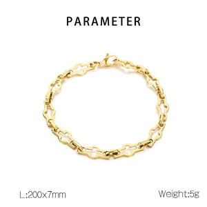 Detail view of a gold stainless steel link chain bracelet with its weight and dimensions