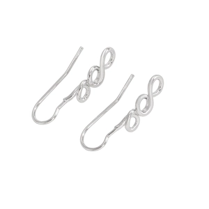 Close-up of infinity symbol silver drop earrings with polished metallic finish